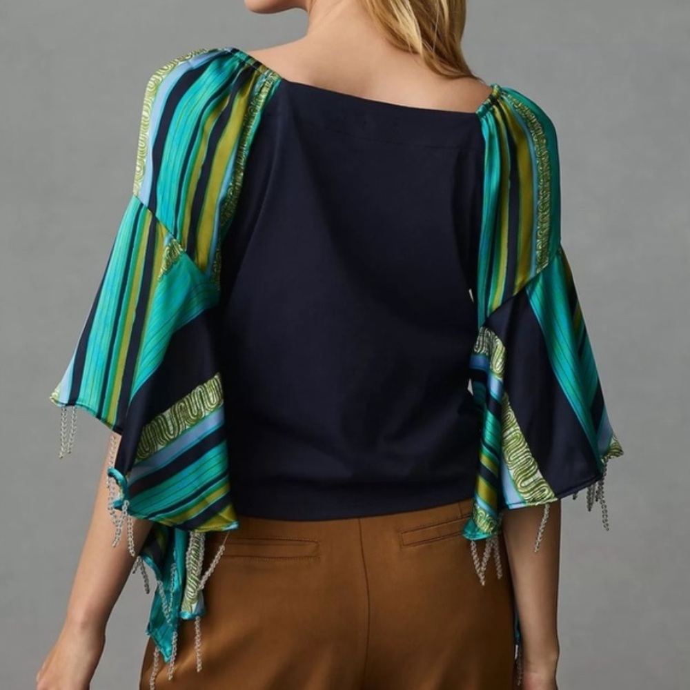 Anthropologie TINY Blue Green Beaded Bell Sleeve Top - Picture 2 of 15